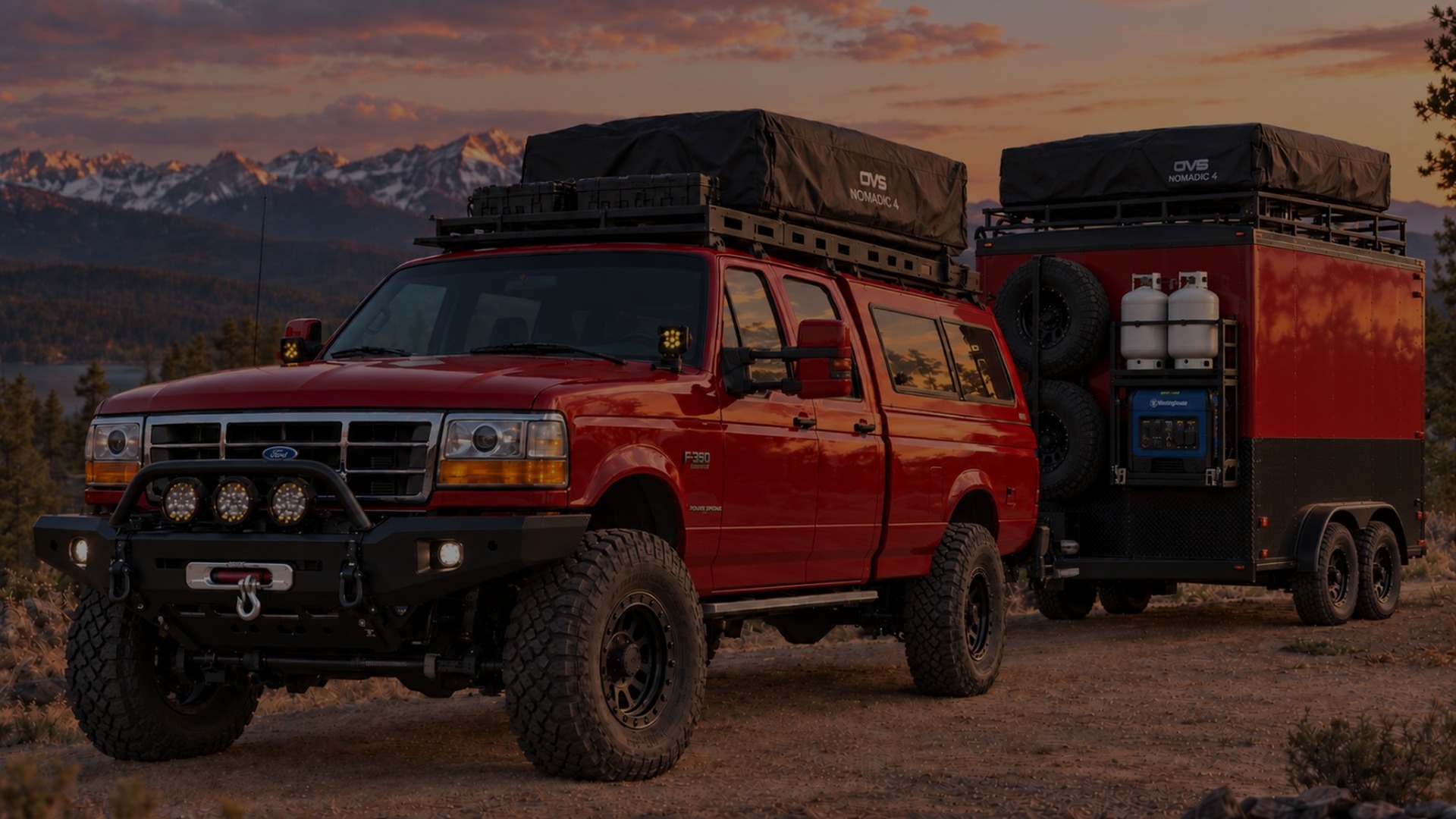 Expedition truck and matching trailer concept against a mountain landscape